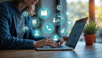 Young Woman Engaged in Digital Communication with Laptop Surrounded by Technology Icons for Media and Innovation