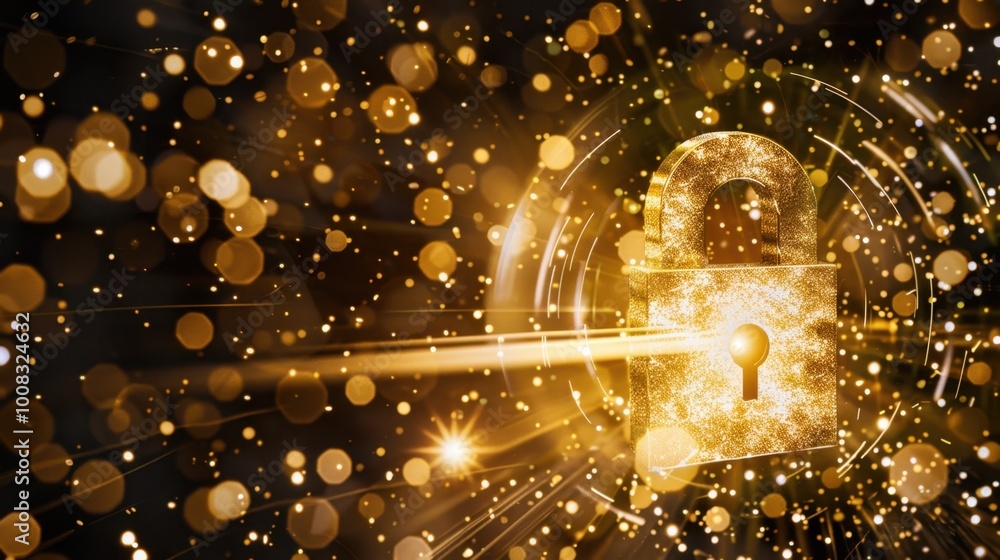 Poster golden lock with sparkles and light rays background