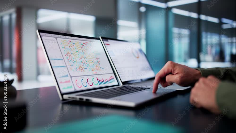 Poster male data analyst predicting market trends on virtual kpi dashboard