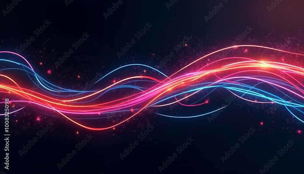 Poster colorful abstract waves of light with glowing particles for use in design and technology projects
