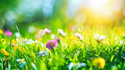 Fototapeta premium Beautiful green grass with colorful flowers in the sunlight