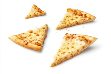Fototapeta premium Scattered cheesy pizza slices on white background
