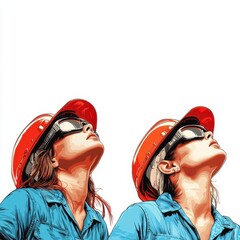 Two women wearing hard hats looking up, showcasing determination and teamwork.