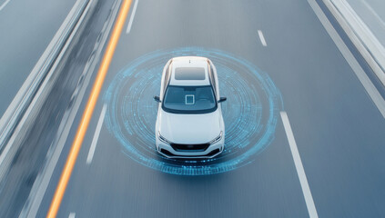 Obraz premium Overhead view of a self-driving car on a highway, illustrating modern technology and future transportation