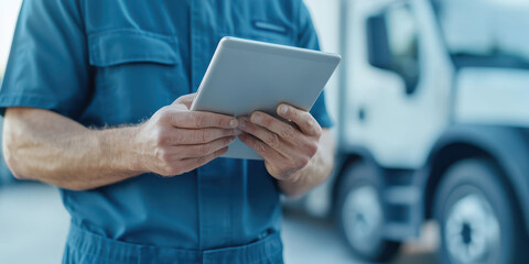 Mechanic in blue uniform holds a tablet while standing in front of a truck, focusing on efficient maintenance and repair tasks