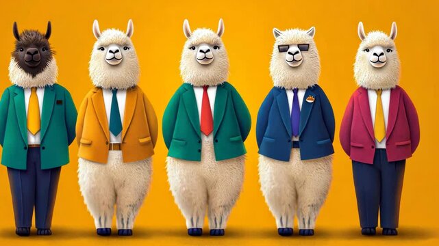 Five llamas stand in a row wearing colorful suits and ties against a yellow background
