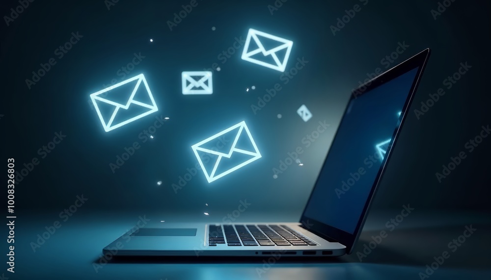 Poster laptop with glowing envelope icons representing email and messaging concept for digital communicatio