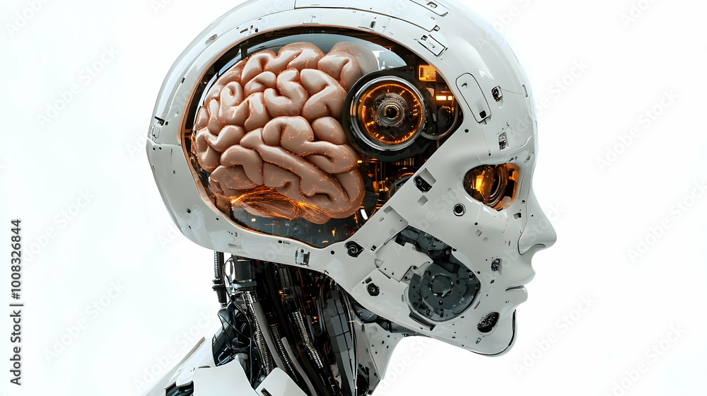 Poster 3d robot head with exposed brain - artificial intelligence
