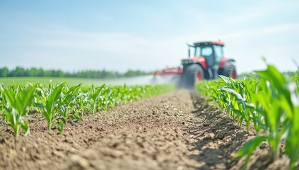 Fototapeta premium Tractor spraying crops in a cornfield under a clear blue sky during a sunny day, highlighting modern agricultural techniques and farm machinery
