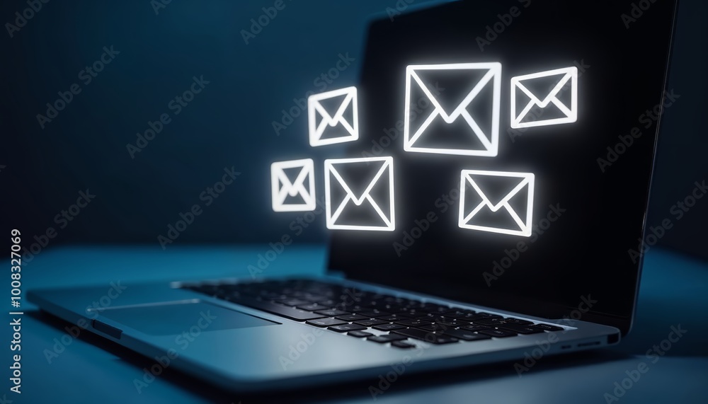Poster laptop displaying glowing email icons on a dark background for communication and technology themes