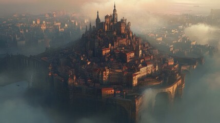 Fototapeta premium A majestic, ancient city on a cliff, shrouded in morning mist, with a stone bridge leading to the shore.