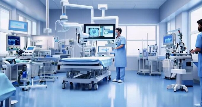 Picture inside the workroom Hospital engineering industry engineers collaborate to design and install advanced medical equipment efficiently animated video animation video generated AI