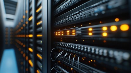 Data center with illuminated server racks.