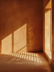 The image shows a minimalist, warm-toned interior space with strong shadows creating geometric patterns
