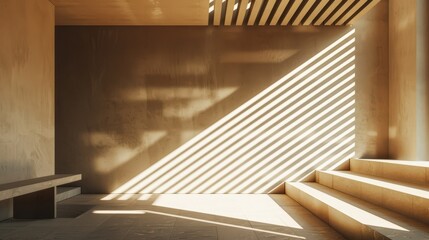 Obraz premium The image shows a minimalist, warm-toned interior space with strong shadows creating geometric patterns