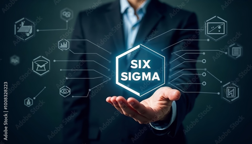 Aufkleber a businessman holding a hexagonal hologram of six sigma surrounded by data visualizations for effect
