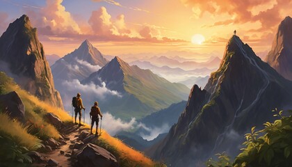 hikers or climbing on sunset mountain landscape illustration background