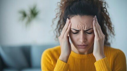 Woman experiencing stress and headache indoors
