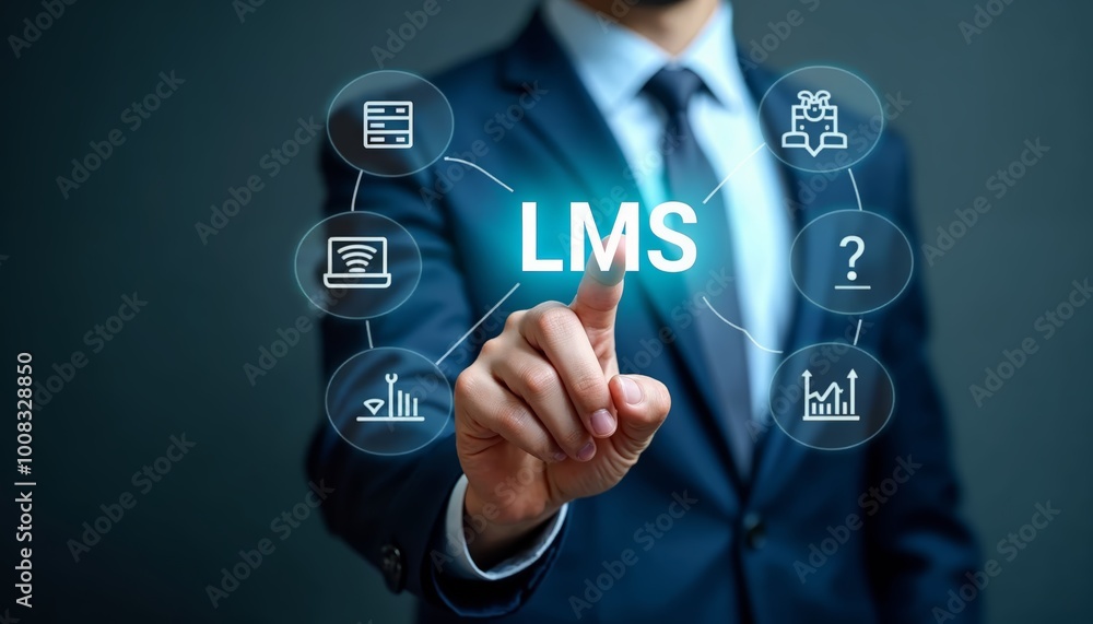 Poster businessman in a suit pointing at lms text with learning management system icons for educational and