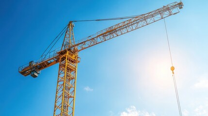 Yellow construction crane against blue sky.