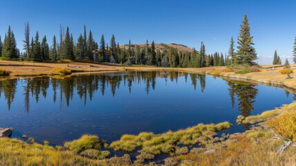 Fototapeta premium Serene Lake Surrounded by Pine Trees and Blue Sky