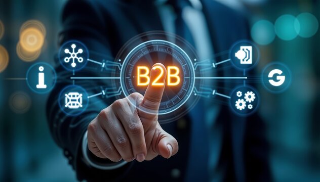Businessman Highlighting B2B Operations on a Futuristic Digital Interface, Ideal for Technology and Business Presentations