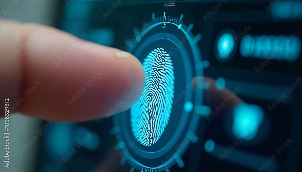 Poster close-up image of fingerprint scanned on biometric security device with blue background for security