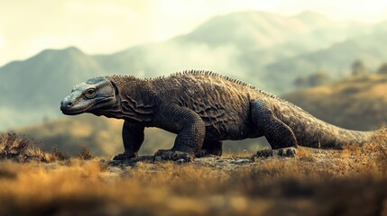 Fototapeta premium A Komodo Dragon in a Mountainous Landscape.