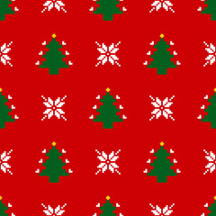Christmas and New Year seamless pattern. White snowflakes and Christmas tree on red pixel pattern for winter hat,jumper,sweater, wrapping,fabric,border,rim,carpets, blankets, towels.