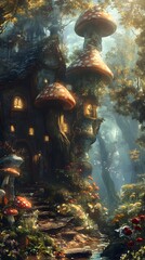 Enchanted forest scene with a whimsical mushroom house.