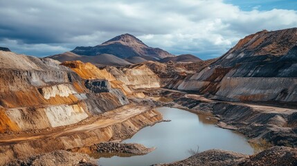 An aerial view of a large open pit mine with a lake at the bottom.
