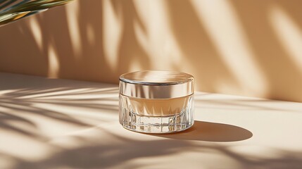 A mockup of cosmetic jar Skin care products face cream transparent on a beige wall with a blue sky with clouds in the background. close up. Space for text.