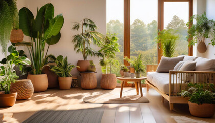 Fototapeta premium A cozy home with indoor plants, natural lighting, and eco-friendly decor