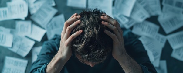 A person in distress with hands on head surrounded by paperwork, conveying frustration and stress.