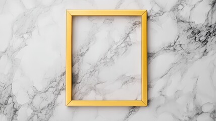 A simple yellow picture frame sits on a textured marble surface, inviting creativity and decoration ideas for personal spaces.