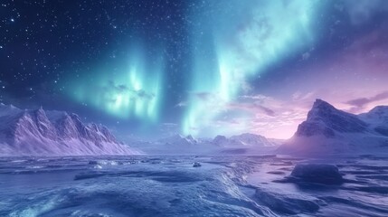 Naklejka premium Majestic Aurora Borealis Lights Up Snowy Mountain Range.