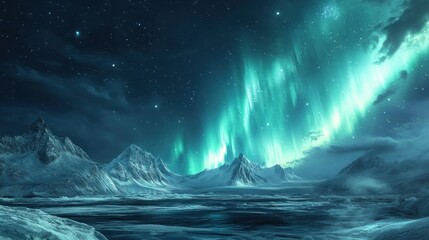 Fototapeta premium A breathtaking view of the aurora borealis over a snowy mountain range with a frozen lake in the foreground.