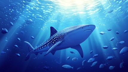 Fototapeta premium A large whale shark swims through the ocean with a school of smaller fish around it.