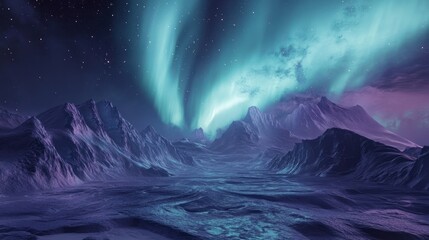 Fototapeta premium A stunning view of the aurora borealis illuminating the night sky over a majestic mountain range.