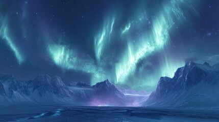 Northern Lights illuminating a snowy mountain range and a frozen lake with a starry sky.