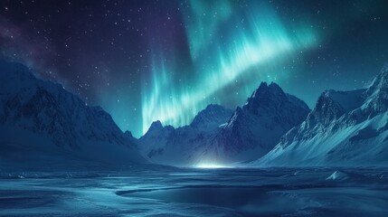 Naklejka premium Dramatic aurora borealis over snow-capped mountains with a frozen lake in the foreground.