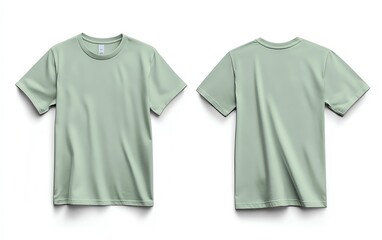 Front and back view mockup of a plain pastel pink tshirt on a white background, displayed side by side, smooth texture, realistic shadow effects, minimalistic design, sharp edges