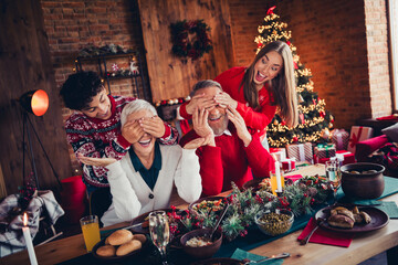 Portrait of big friendly family close eyes have fun xmas new year tree lights celebration flat indoors
