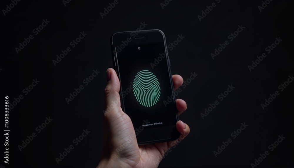 Aufkleber hand holding smartphone with fingerprint scanner for tech and security concepts