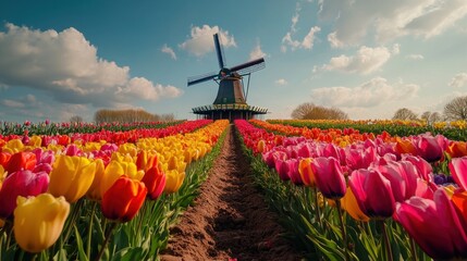A picturesque Dutch windmill stands tall amongst a field of vibrant tulips, creating a beautiful and charming scene.
