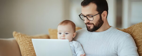 Father and baby using laptop together.