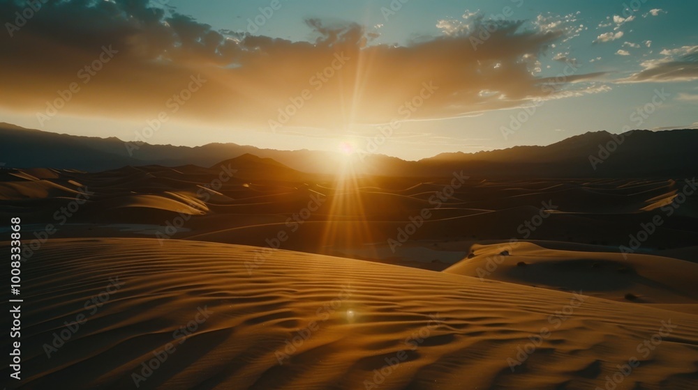 Wall mural Serene Sunset Over Desert Dunes in Golden Light