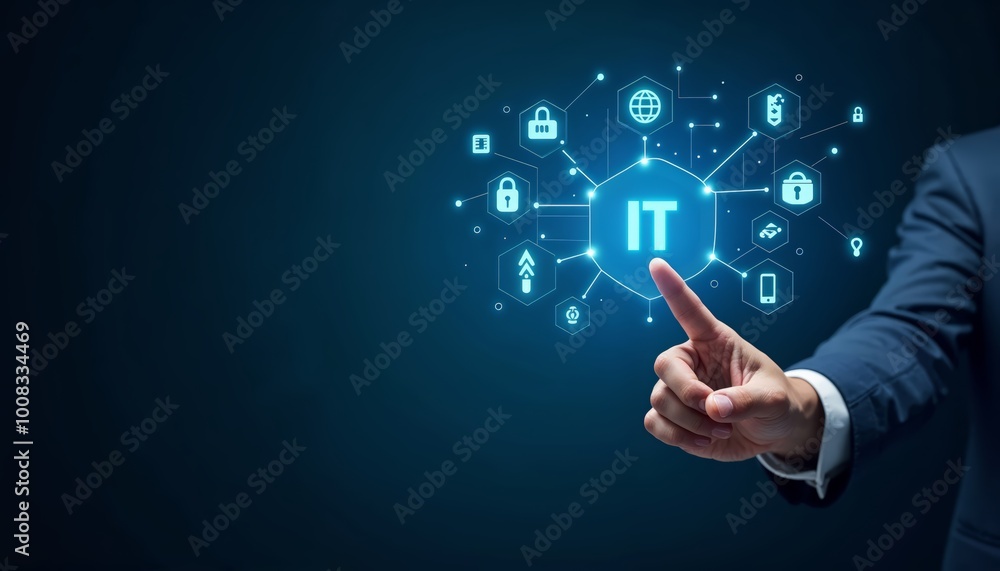 Poster hand pointing at glowing it icon with digital security symbols for technology and cybersecurity conc