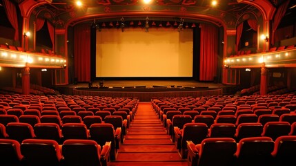 Empty Theater Interior with Red Seats and Stage