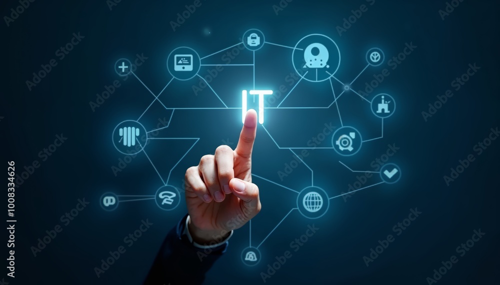 Poster hand pointing at a glowing it icon emphasizing the importance of information technology in today's d